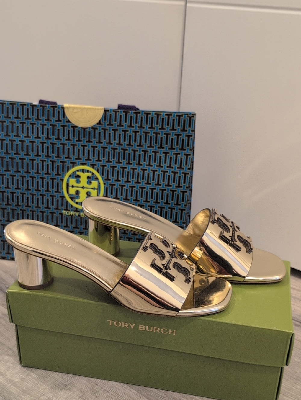 Tory Burch Gold Metallic Logo Mule Sandals